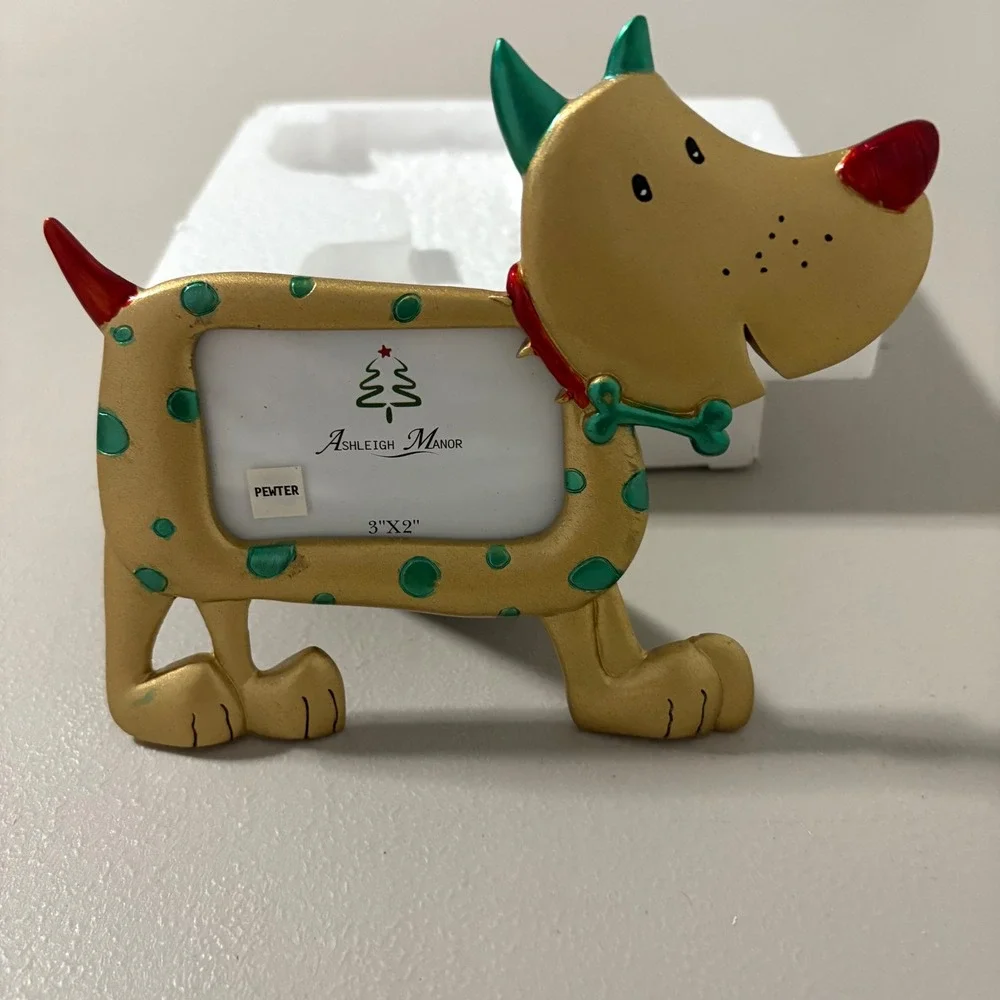Ashleigh Manor Pewter Dog Picture Frame Gold Polka Dots Holidays Bone Collar 3x2